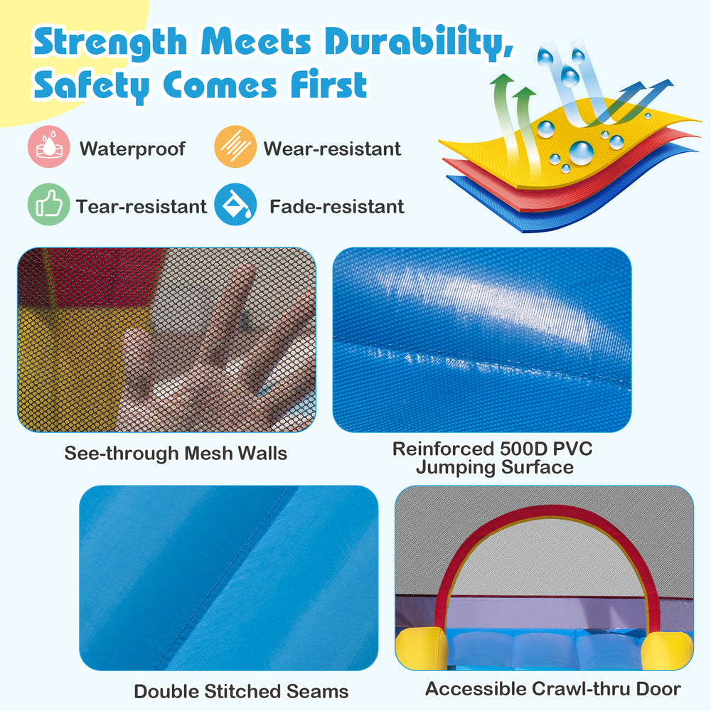 3-in-1 kids bouncer with slide featuring reinforced 500D PVC surface and mesh walls for safe outdoor fun.