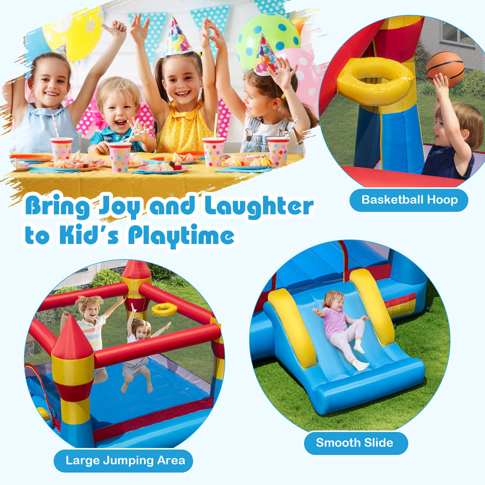 3-in-1 kids bouncer with slide and basketball hoop, featuring a large jumping area for outdoor fun and playtime.