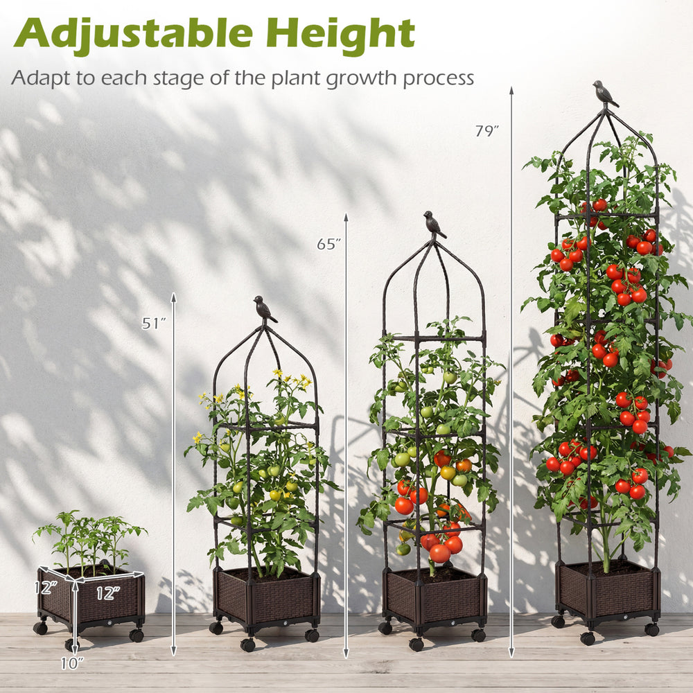 Adjustable height raised garden bed with trellis, black, ideal for tomatoes and cucumbers, featuring wheels for easy.