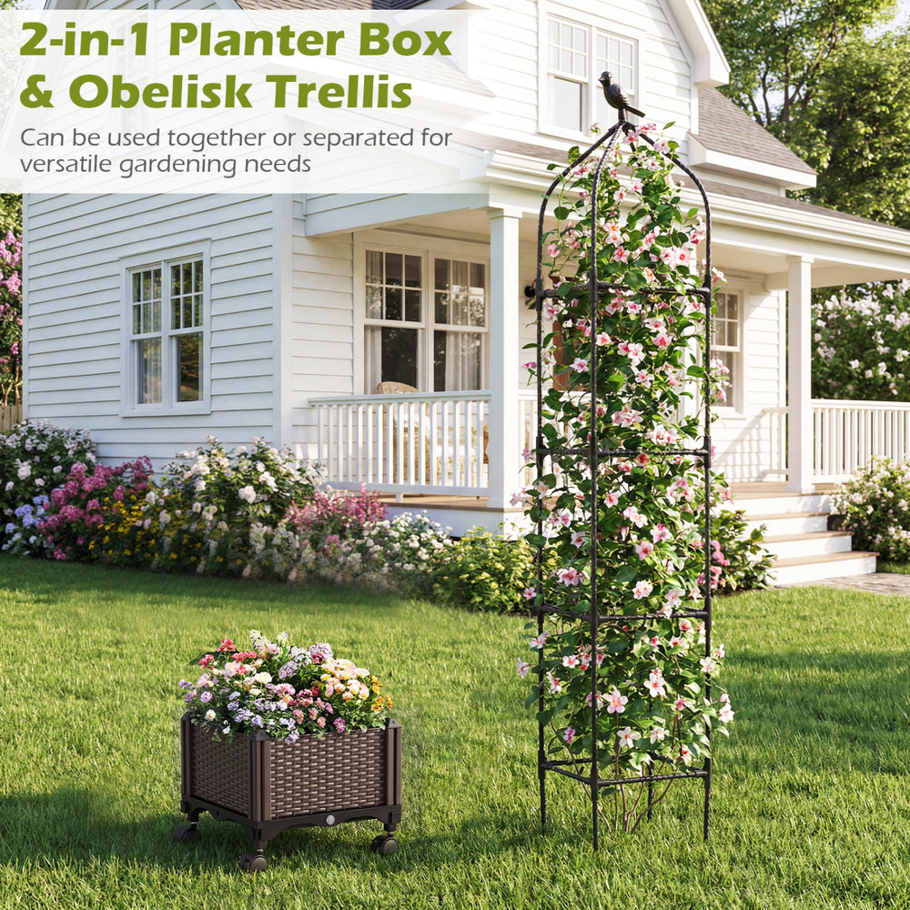 Raised garden bed with trellis in black, featuring wheels and self-drainage for versatile outdoor gardening.