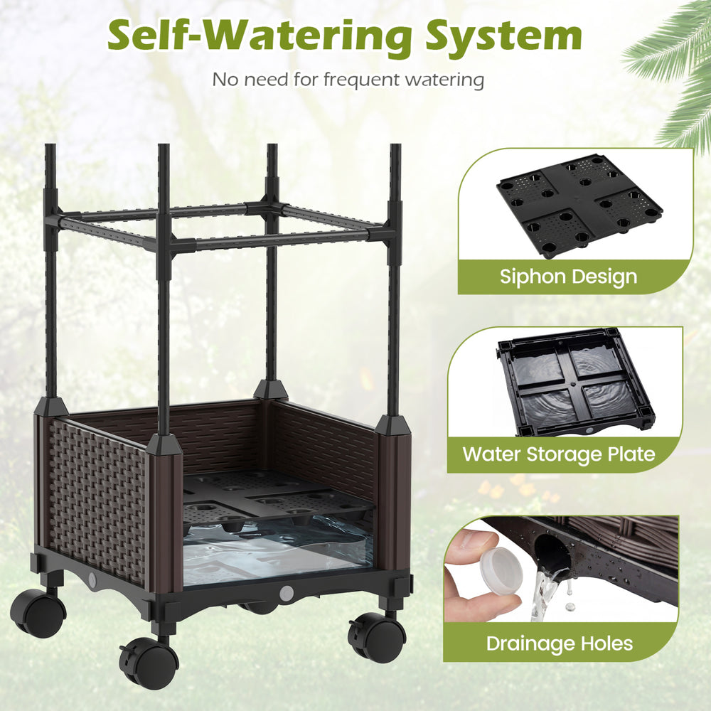 Indoor outdoor raised garden bed with trellis, self-drainage, and wheels for easy mobility and healthy plant growth.