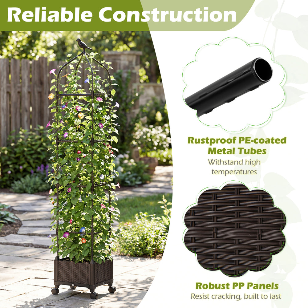Indoor outdoor raised garden bed with trellis, black, featuring rust-proof metal tubes and wheels for easy mobility.