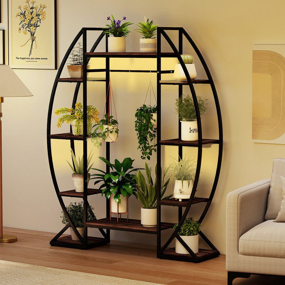 Tall 10-tier indoor plant stand with grow lights, featuring a stylish curved design for displaying potted plants.
