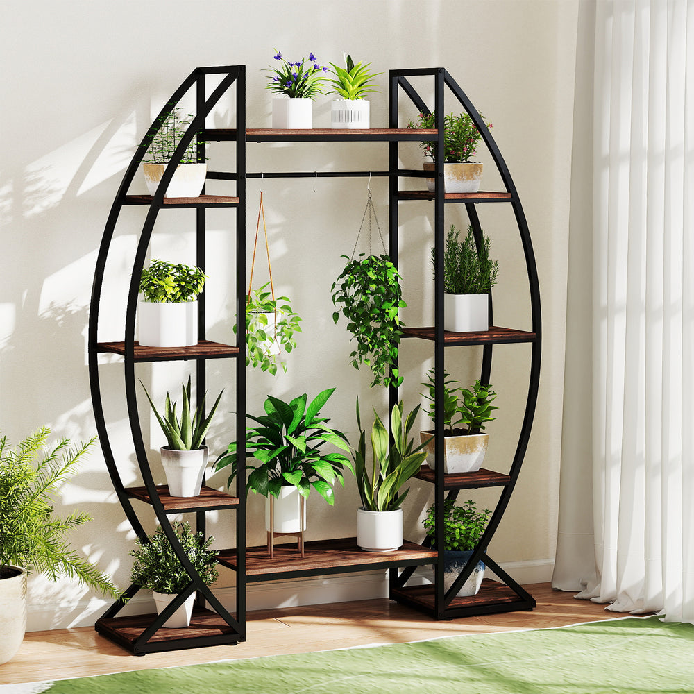 Curved 10-tier indoor plant stand in brown metal, ideal for displaying potted plants in living rooms or balconies.