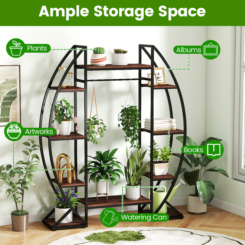 Tall 10-tier indoor plant stand in brown, featuring a curved design for displaying potted plants in living spaces.