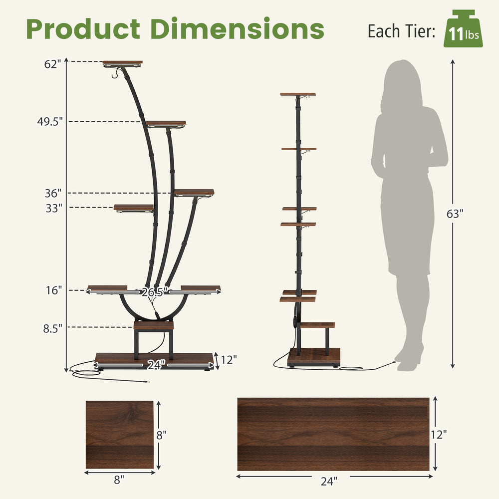 Indoor plant stand with 8 tiers and grow lights, designed for displaying plants and decor in living spaces.