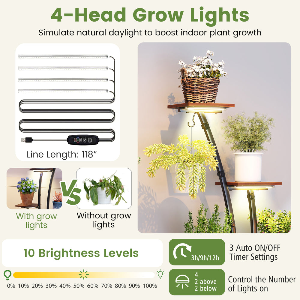 Indoor plant stand with 4-head grow lights, 8 tiers, and adjustable brightness, perfect for displaying plants and decor.