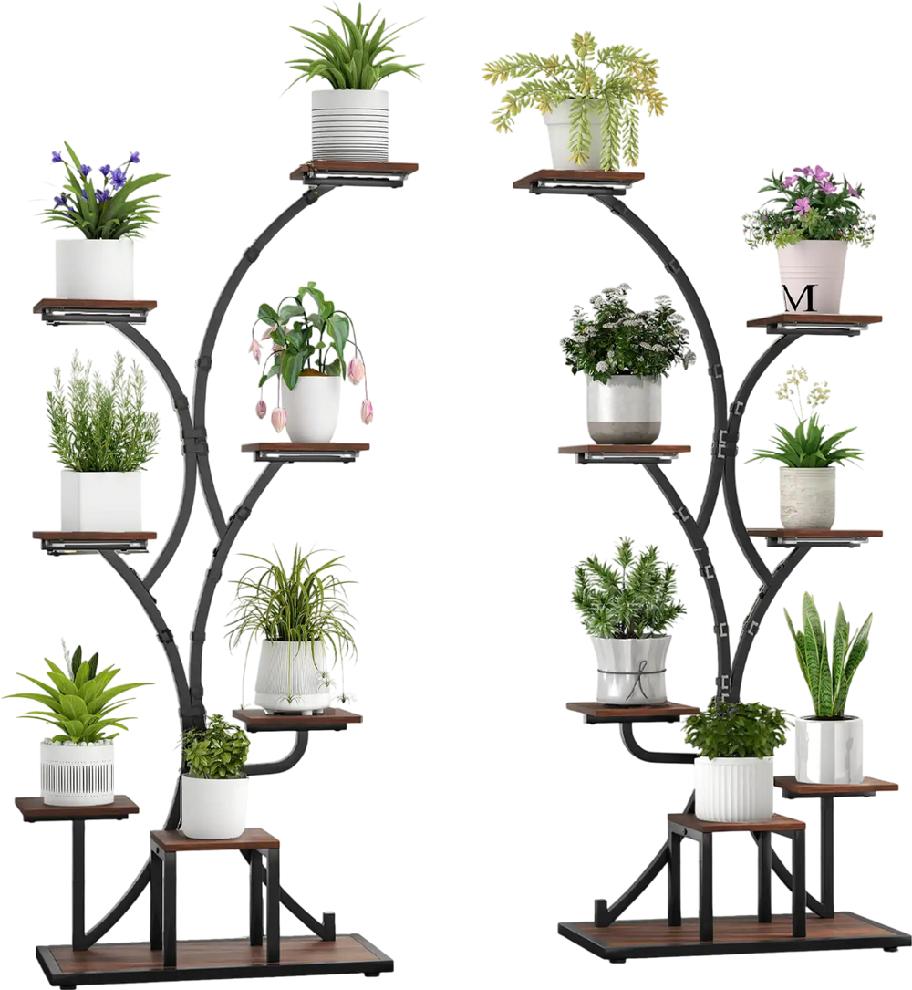 Indoor plant stand with grow lights, 58" tall, 8-tier metal shelf for potted plants and decor in living spaces.