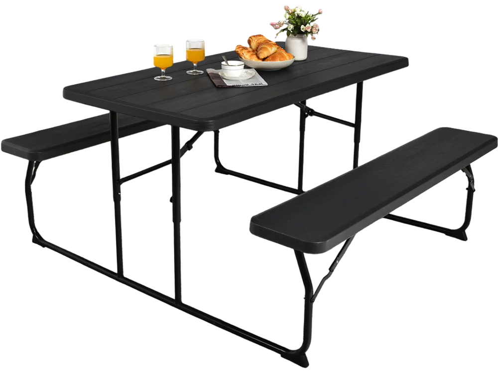 Folding picnic table bench set in black with wood-like texture, ideal for outdoor gatherings and parties.