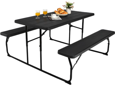 Costway Folding Picnic Table Bench Set Indoor Outdoor Wood-Like Texture Black 56341807 New