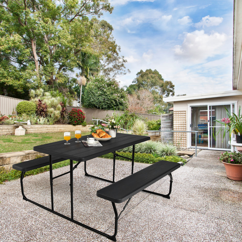 Indoor and Outdoor Folding Picnic Table Bench Set with Wood-like Texture-Black - Gallery View 1 of 8