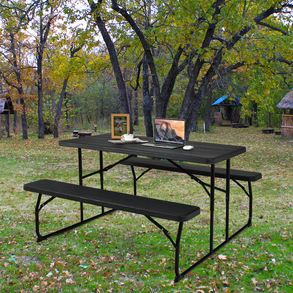 Folding picnic table bench set with wood-like texture in black, ideal for outdoor gatherings and parties.