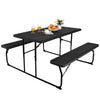 Folding picnic table bench set in black with wood-like texture, spacious for food and drinks, ideal for indoor or.