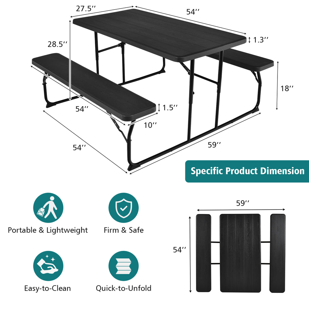 Folding picnic table bench set with wood-like texture in black, portable and lightweight for indoor and outdoor use.