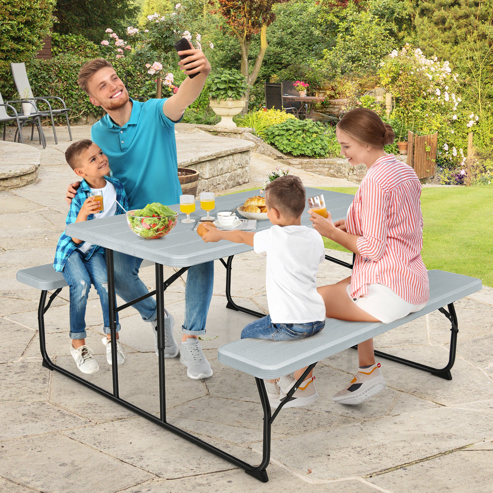 Indoor and Outdoor Folding Picnic Table Bench Set with Wood-like Texture-Gray - Gallery View 1 of 11