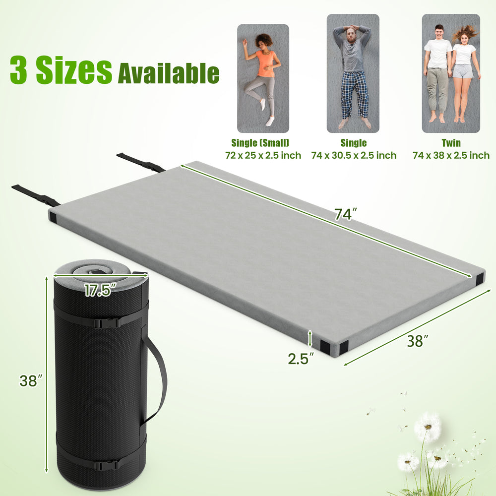 Indoor outdoor sleeping mat with high-density foam, waterproof cover, and carrying bag, ideal for camping and travel.
