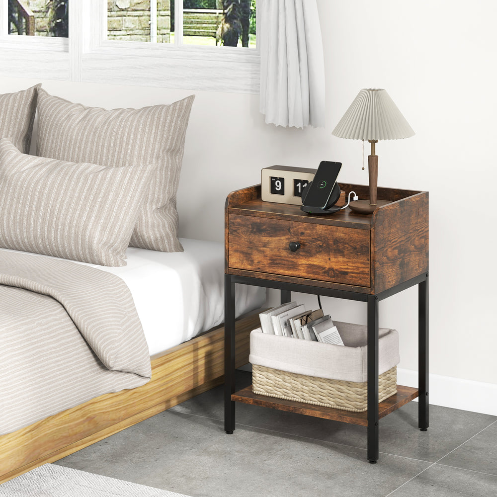 Rustic brown industrial bedside table nightstand with charging station and storage, ideal for bedroom convenience.