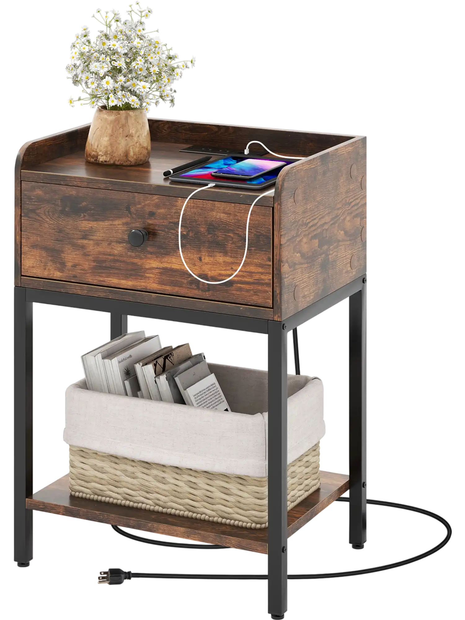 Costway Industrial Nightstand Bedside Table with Charging Station 15493267 New