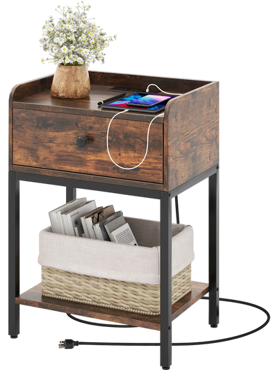 Costway Industrial Nightstand Bedside Table with Charging Station 15493267 New