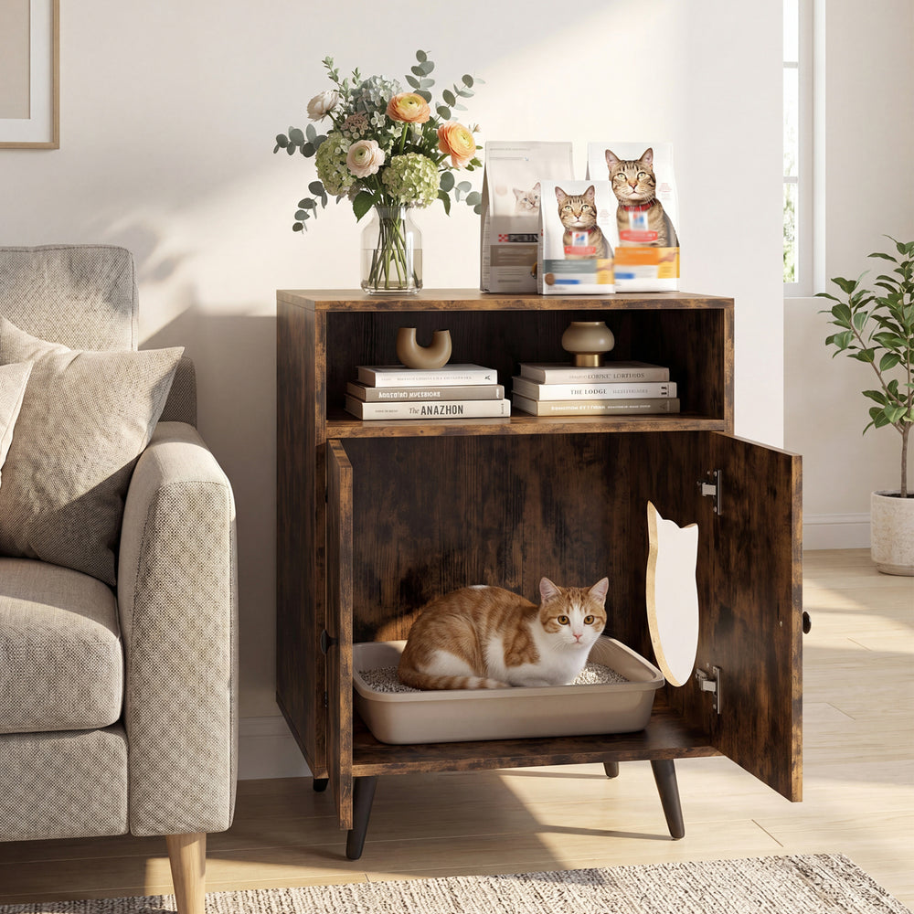 Industrial cat litter box enclosure in brown with open compartment and cat-shaped entry, perfect for storage and pet.