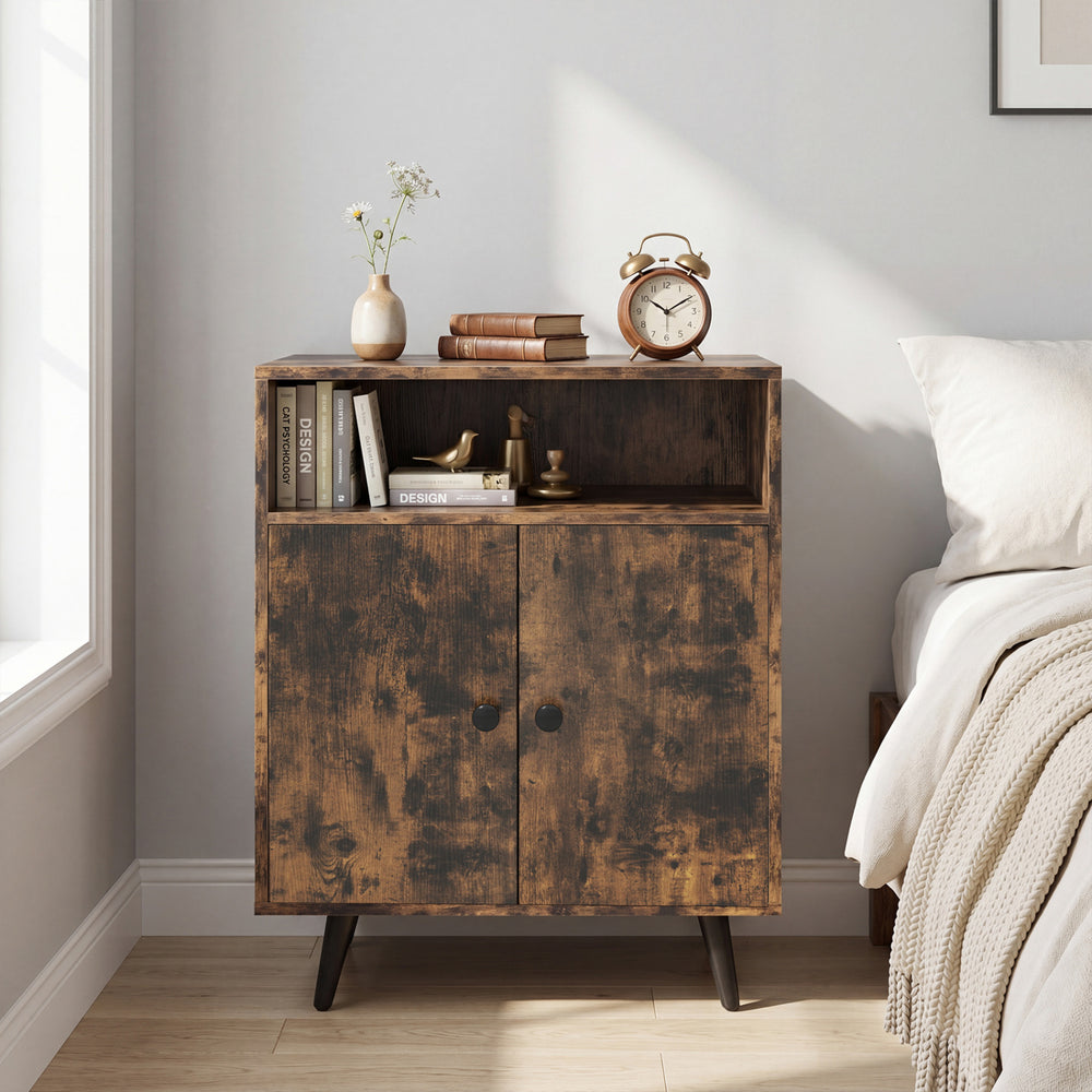 Industrial cat litter box enclosure in brown with double doors, open compartment, and sturdy metal legs for versatile.