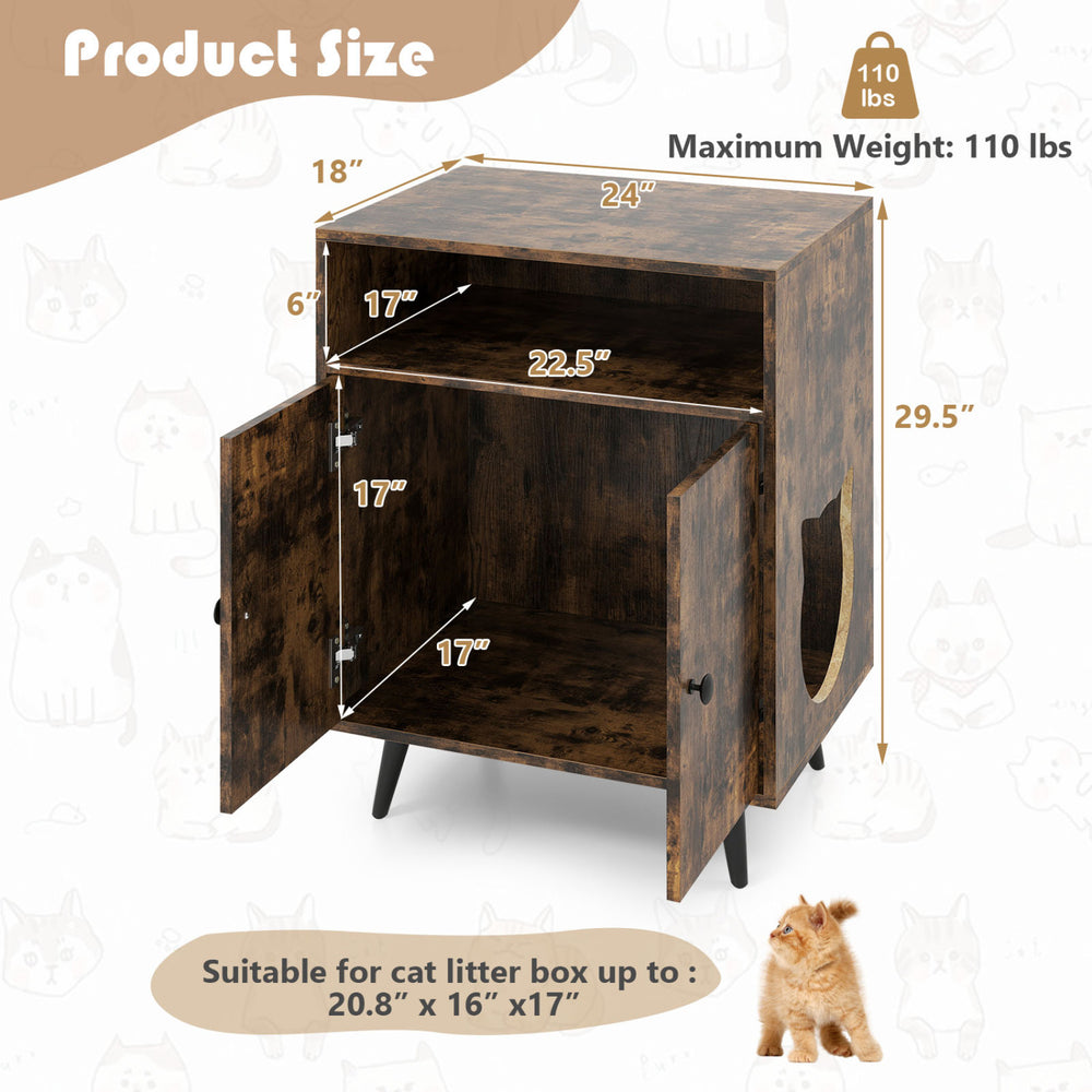 Industrial cat litter box enclosure in brown with double doors, spacious storage, and cat-shaped entry for easy access.