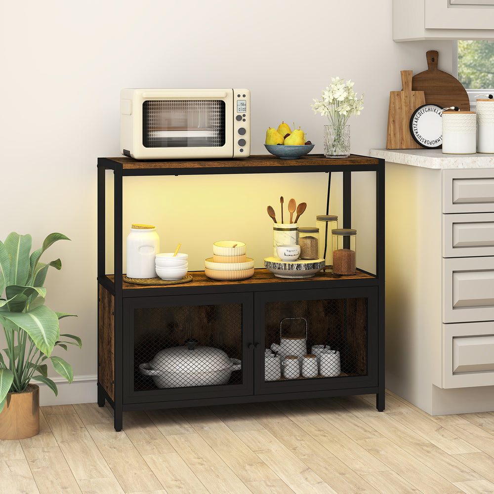 Industrial coffee bar cabinet in rustic brown with LED lights, charging station, and 3-tier storage for kitchen.