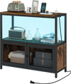 Industrial coffee bar cabinet in rustic brown featuring adjustable LED lights, sturdy metal grid doors, and ample.