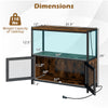 Industrial coffee bar cabinet with LED lights, rustic brown finish, showcasing dimensions and charging station features.