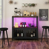 Industrial coffee bar cabinet in rustic brown with LED lights, featuring 3-tier storage and built-in charging station.