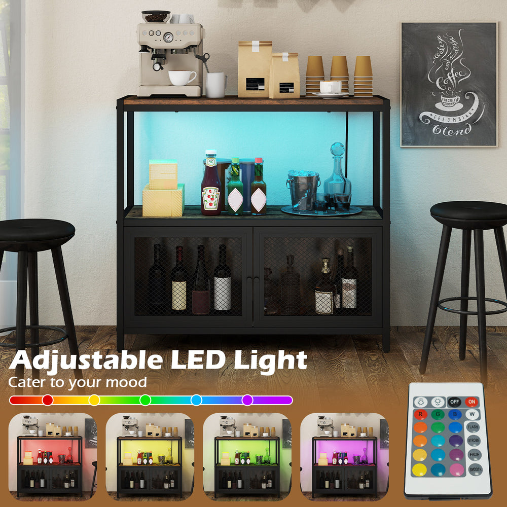 Industrial coffee bar cabinet in rustic brown with adjustable LED lights, 3-tier storage, and built-in charging station.