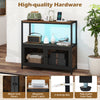 Industrial coffee bar cabinet in rustic brown with LED lights, charging station, and metal grid doors for stylish.