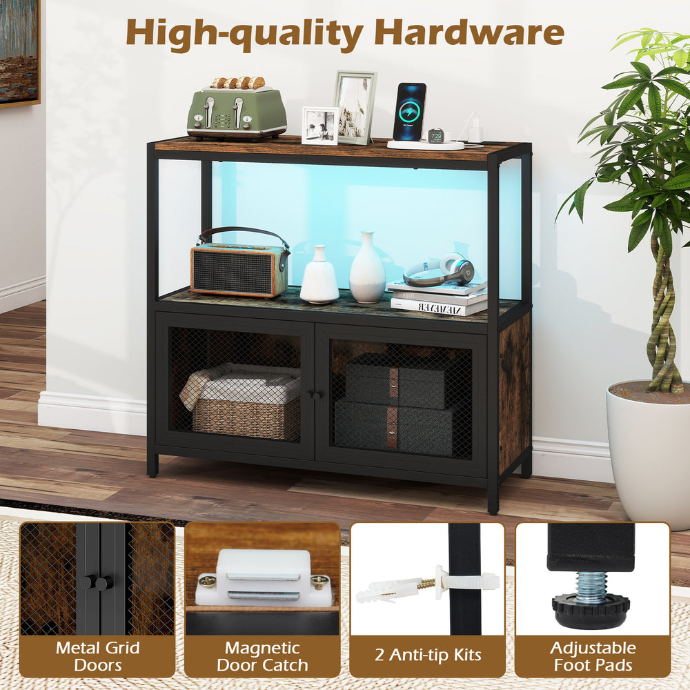 Industrial coffee bar cabinet in rustic brown with LED lights, charging station, and metal grid doors for stylish.