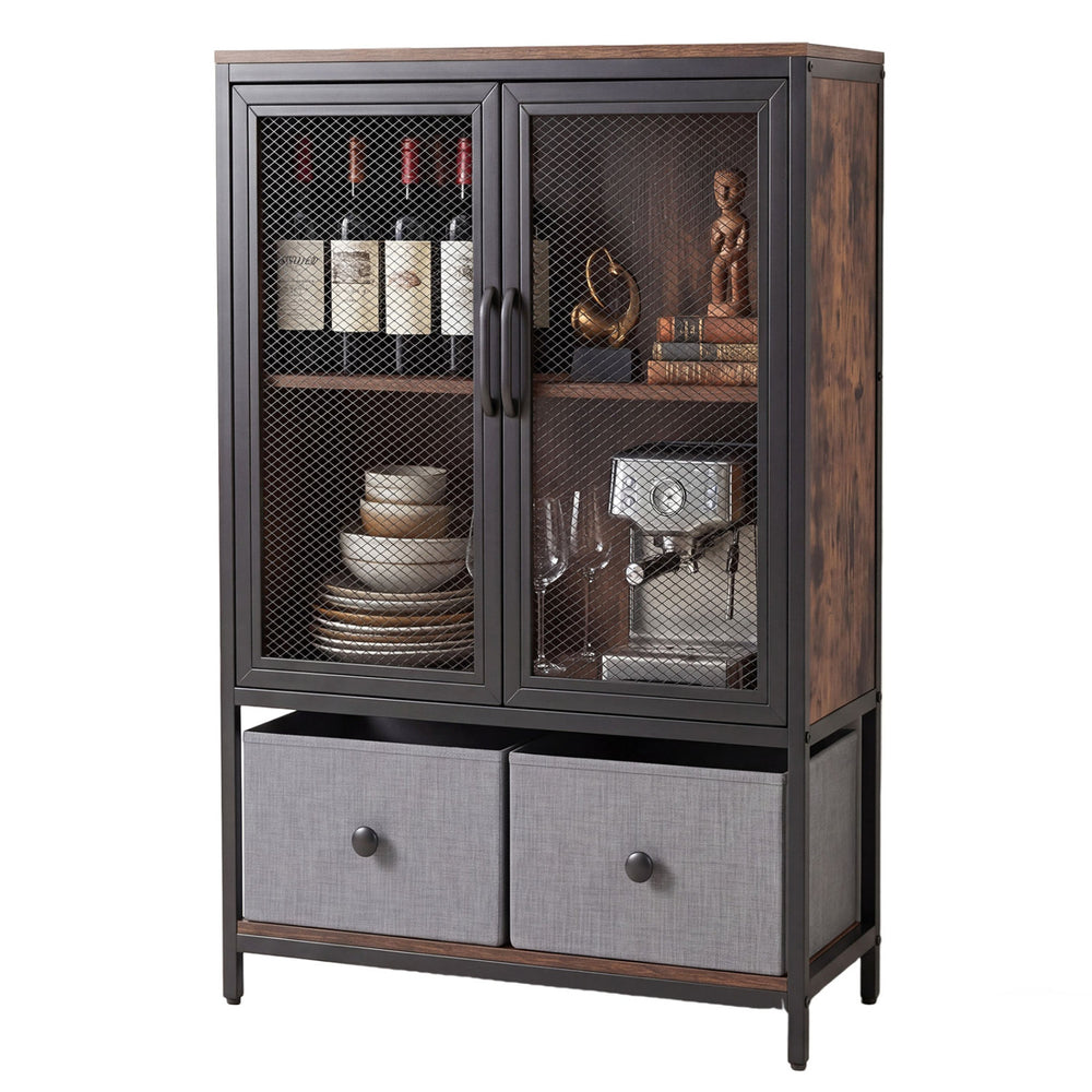 Industrial coffee bar cabinet in rustic brown with mesh doors, two storage compartments, and stylish decor.