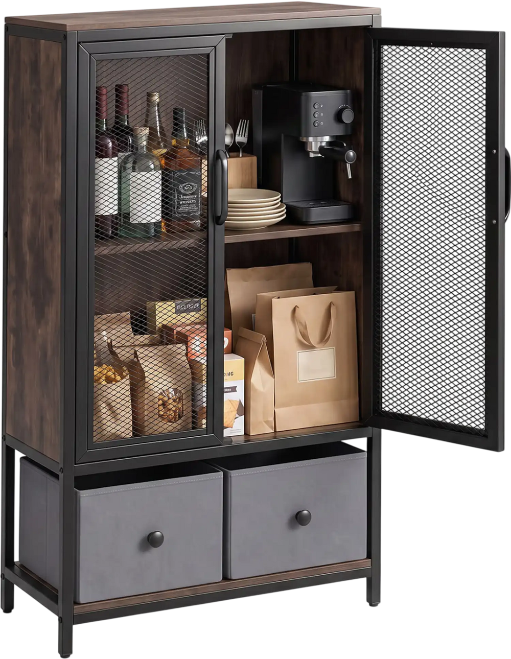 Industrial coffee bar cabinet in rustic brown with mesh doors, featuring a 2-tier storage compartment and two drawers.
