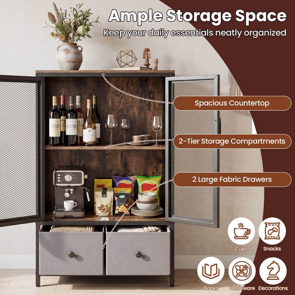 Industrial coffee bar cabinet in rustic brown featuring a spacious countertop, 2-tier storage, and 2 large fabric.