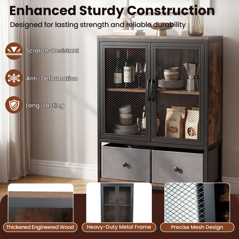 Industrial coffee bar cabinet in rustic brown with thickened engineered wood and heavy-duty metal frame for durable.