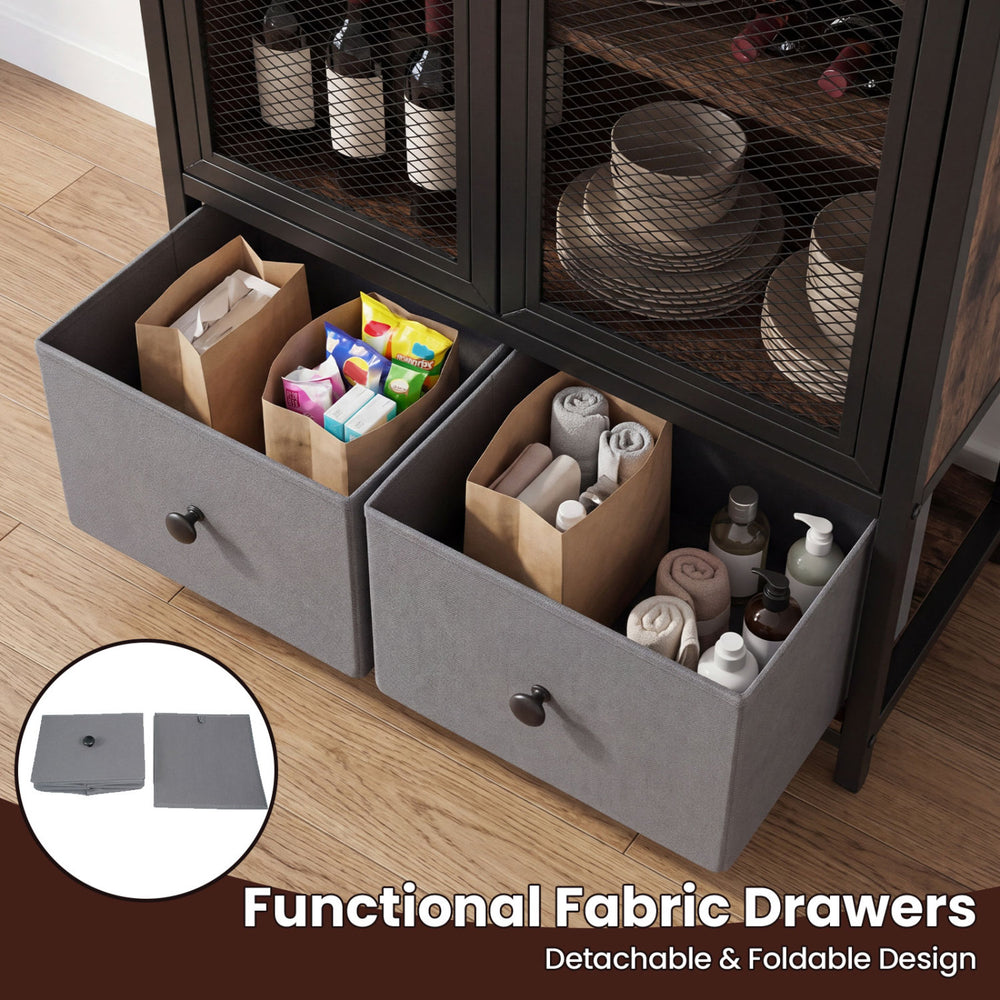 Functional fabric drawers in rustic brown coffee bar cabinet, showcasing detachable and foldable design for versatile.