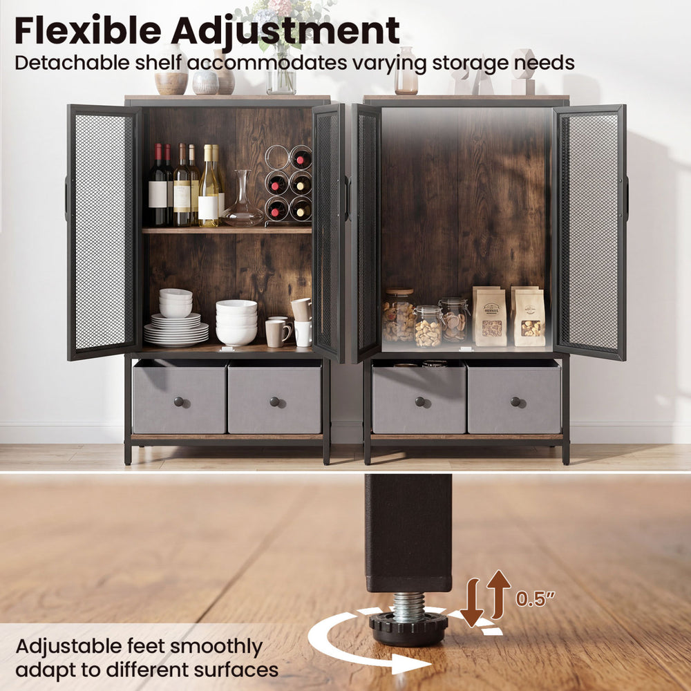 Industrial coffee bar cabinet featuring a rustic brown finish, adjustable feet, and a 2-tier storage compartment.