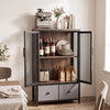 Industrial coffee bar cabinet in rustic brown with two-tier storage, showcasing wine bottles and coffee accessories.