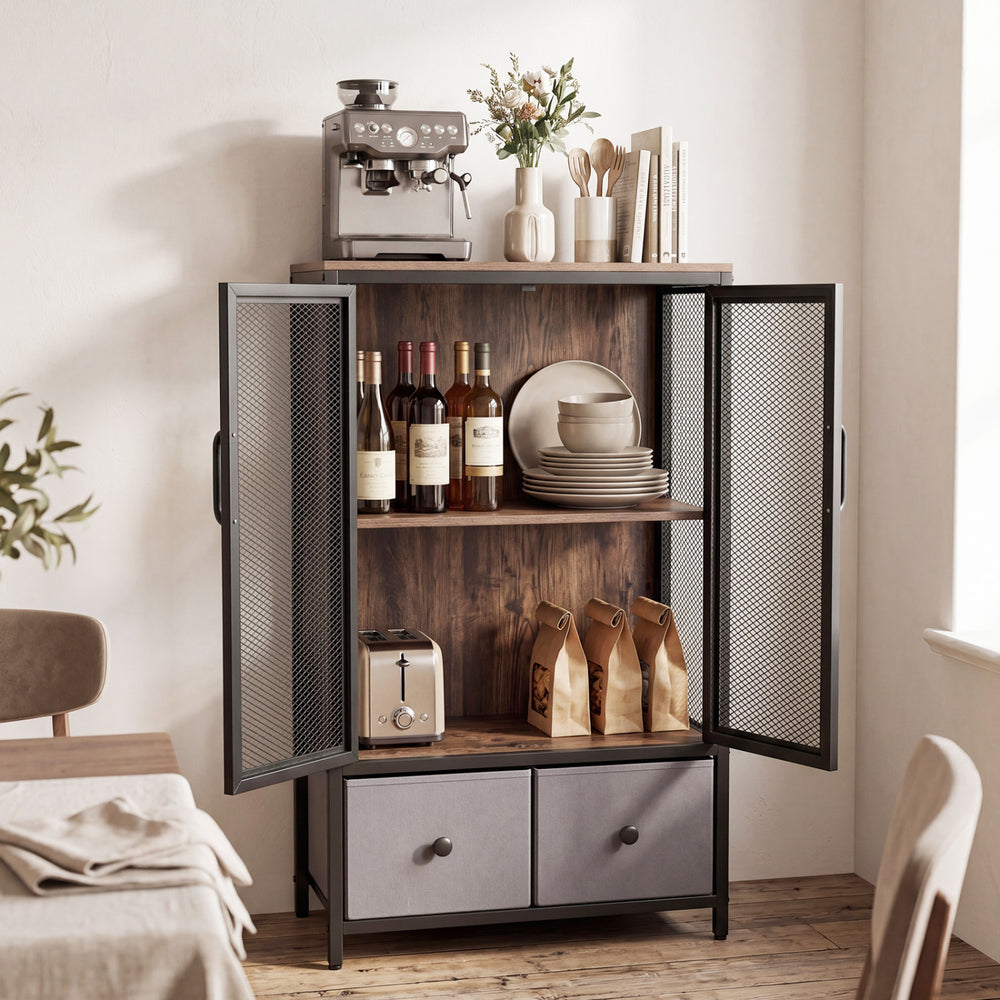 Industrial coffee bar cabinet in rustic brown with two-tier storage, showcasing wine bottles and coffee accessories.