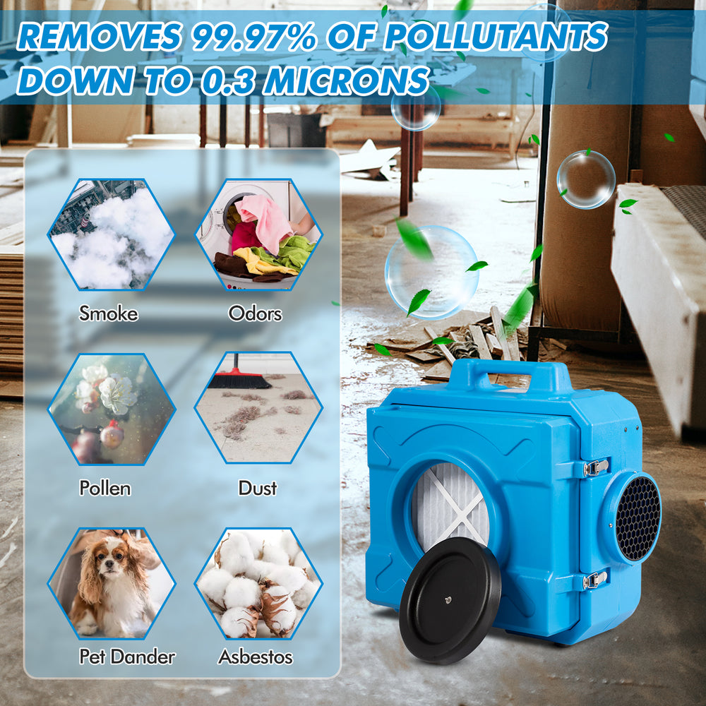 Industrial air scrubber in blue with HEPA filter, designed to remove 99.97% of pollutants for spaces up to 2000 sq.ft.