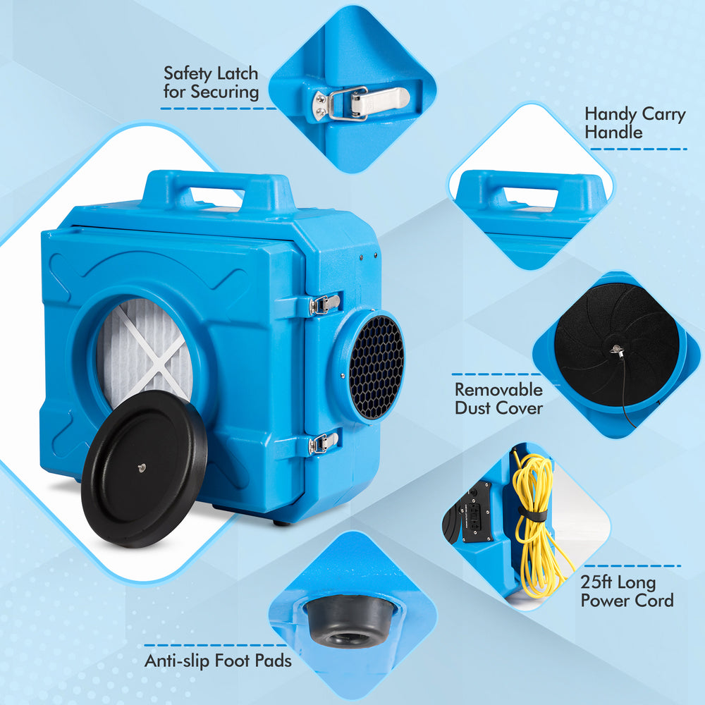 Industrial air scrubber with removable dust cover, HEPA filter, and carry handle for efficient odor elimination.