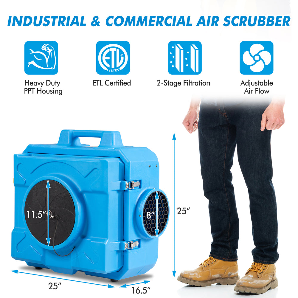 Industrial air scrubber with heavy-duty PPT housing, two-stage filtration, and adjustable airflow for efficient odor.