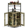 Industrial corner bar cabinet in taupe with glass holder and adjustable shelf, perfect for home bar storage.
