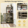 Industrial corner bar cabinet in taupe with glass holders, adjustable shelf, and metal mesh doors for stylish storage.