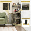 Industrial corner bar cabinet in taupe with metal mesh doors, adjustable shelf, and wine glass holder for space-saving.