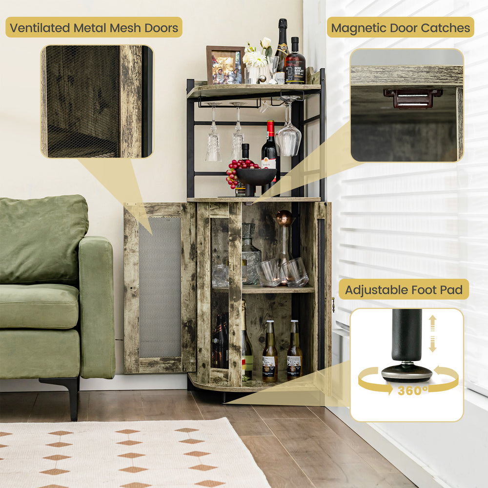 Industrial corner bar cabinet in taupe with metal mesh doors, adjustable shelf, and wine glass holder for space-saving.
