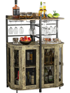 Corner bar cabinet in taupe with see-through doors and anti-tip kit, enhancing safety and style in any space.