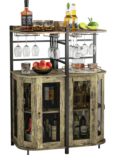 Costway Industrial Corner Bar Cabinet Glass Holder Adjustable Shelf Taupe 43261857 New